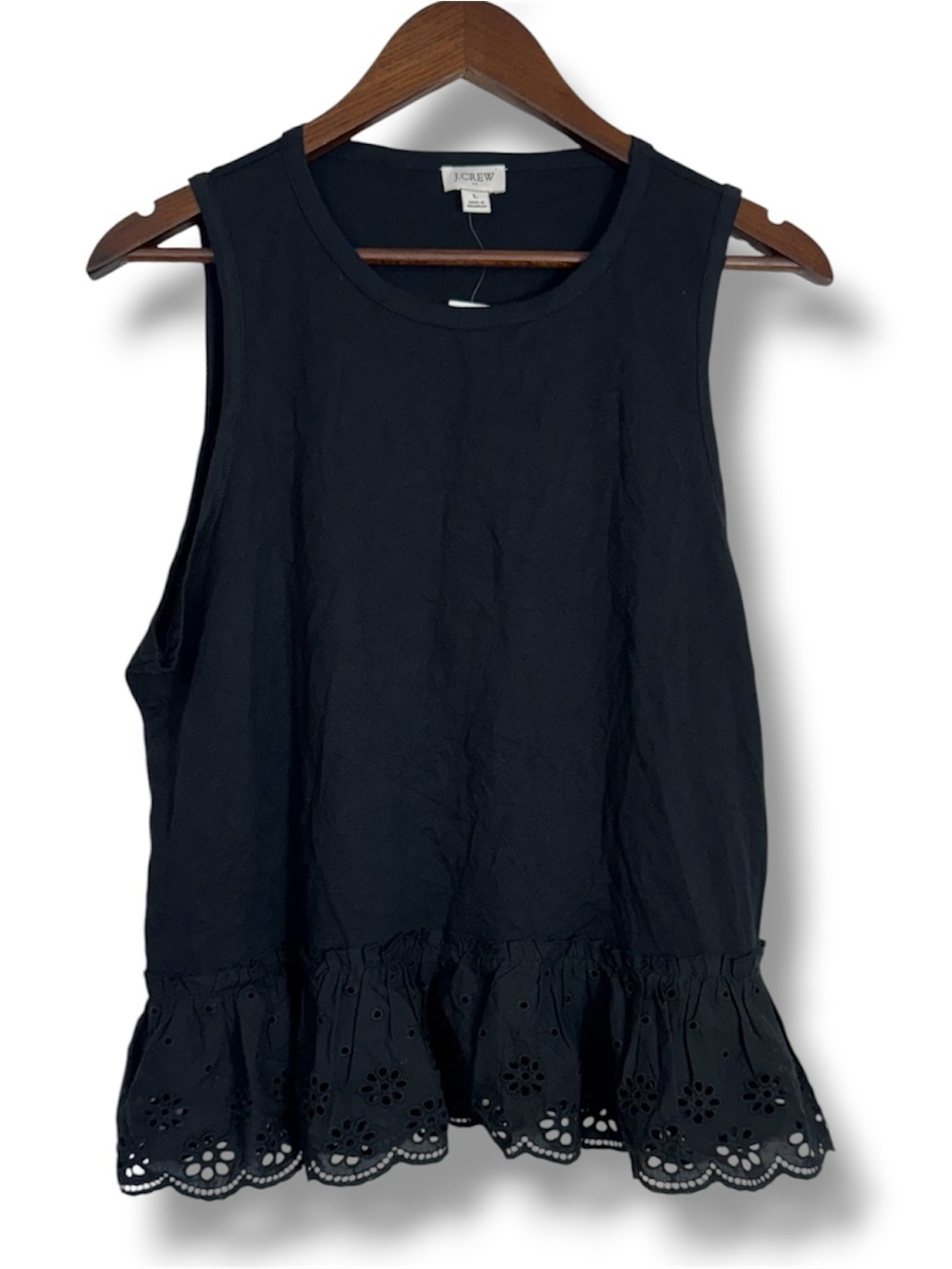 J. Crew Black Sleeveless Eyelet Trim Cotton Blouse Tank Top Large NEW